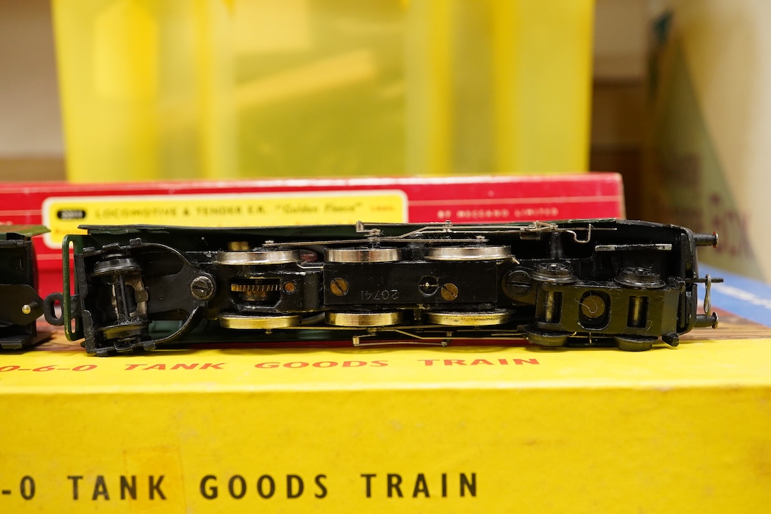 A collection of Hornby Dublo for 2 rail running, including; a boxed BR class A4 4-6-2, Golden Fleece 60030, (2211), together with three boxed bogie coaches and two wagons, plus four unboxed wagons, and a complete box set